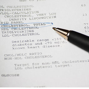 Focus on the cholesterol in a blood test report concept of better health